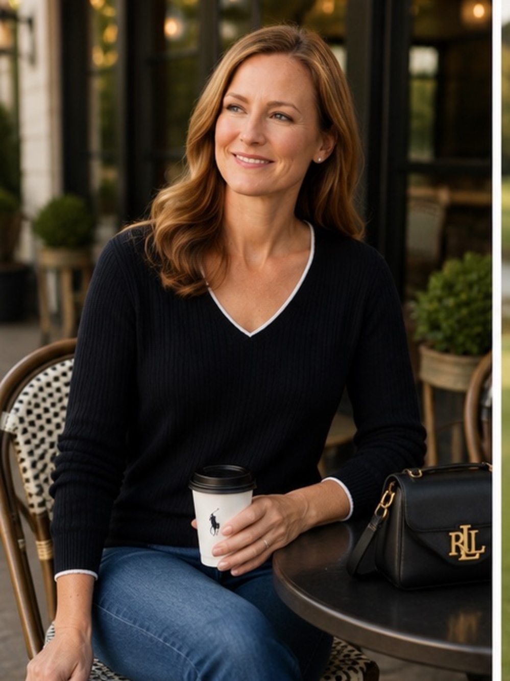 Country club chic golf tennis Women Ralph Lauren Black V Neck Cable Knit Sweater